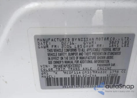 2016 Nissan Sentra Fe+ S/S/Sl/Sr/Sv z USA, uszkodzony, nr VIN 3N1AB7AP2GY235571